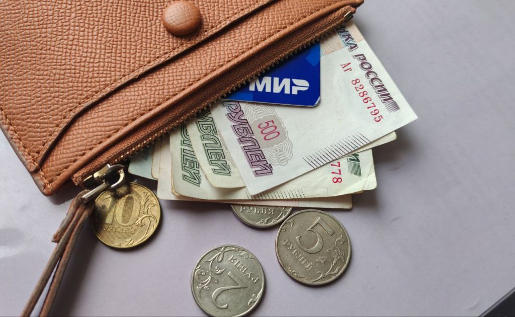 кошелек с деньгами, банковской картой и монетам, выплаты, зарплата, пособия и пенсия