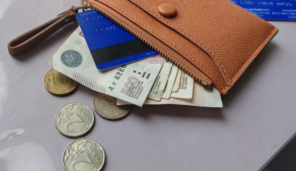 кошелек с деньгами, банковской картой и монетам, выплаты, зарплата, пособия и пенсия